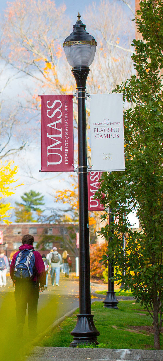 An image of a lamp post on the UMass Amherst Campus
